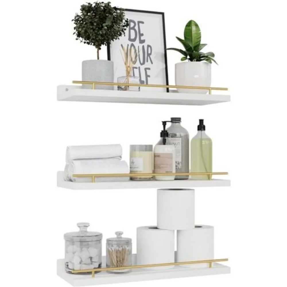 Floating Shelves with Gold Metal Guardrail 16inc Shelves for Wall Decor Set of 3